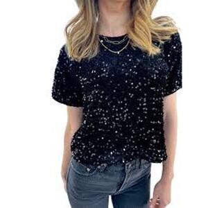 STEVE MADDEN Cressa Sequin Top in Black BO405317 NEW NWT Large L